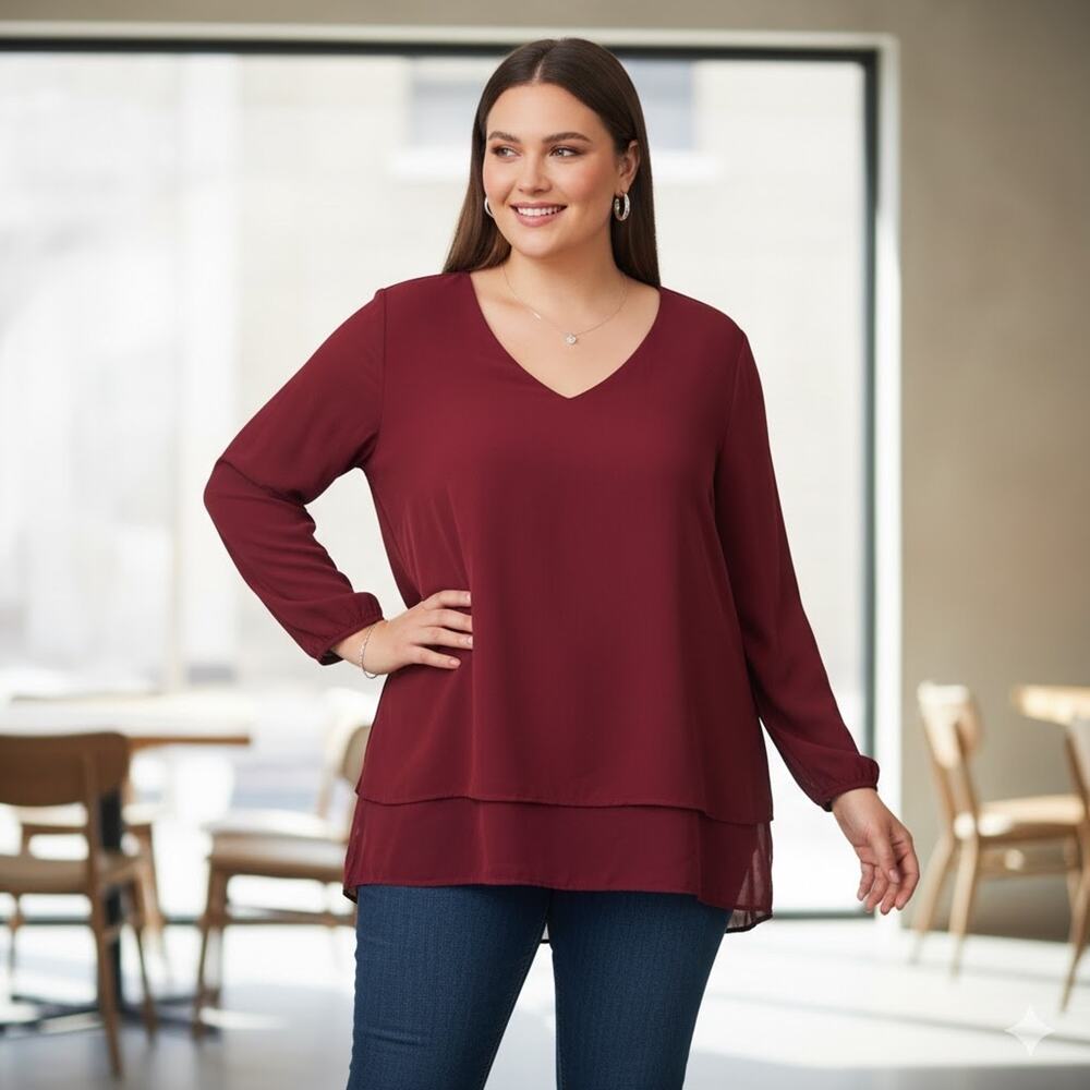 Michael Kors Top Womens Plus 2X Maroon Mixed Media V Neck Long Sleeve Career